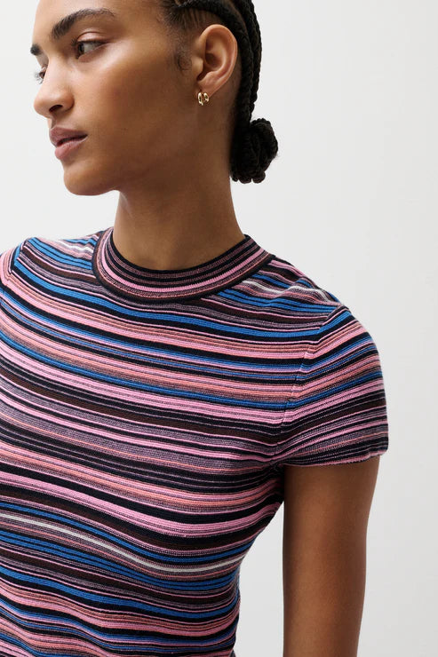 Egyptian Blue Multi Stripe Selene Short Sleeve Sweater Tee