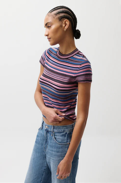 Egyptian Blue Multi Stripe Selene Short Sleeve Sweater Tee
