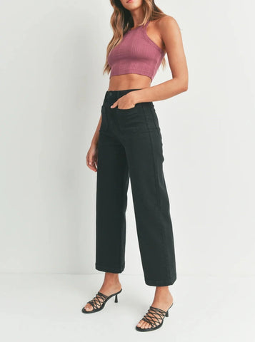 Black Denim Wash Patch Pocket Wide Leg