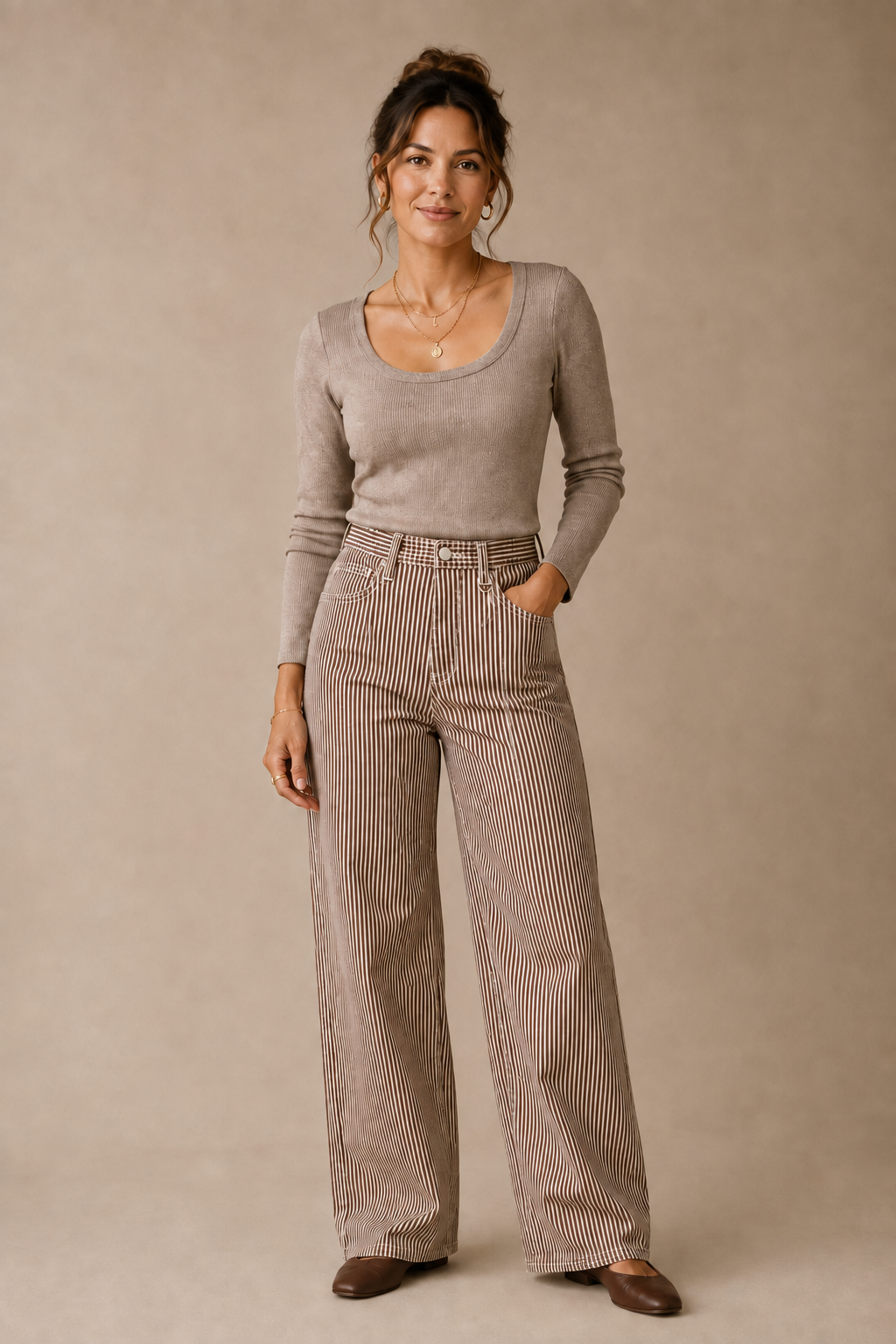 Spice Brown Stripe Relaxed Wide Leg