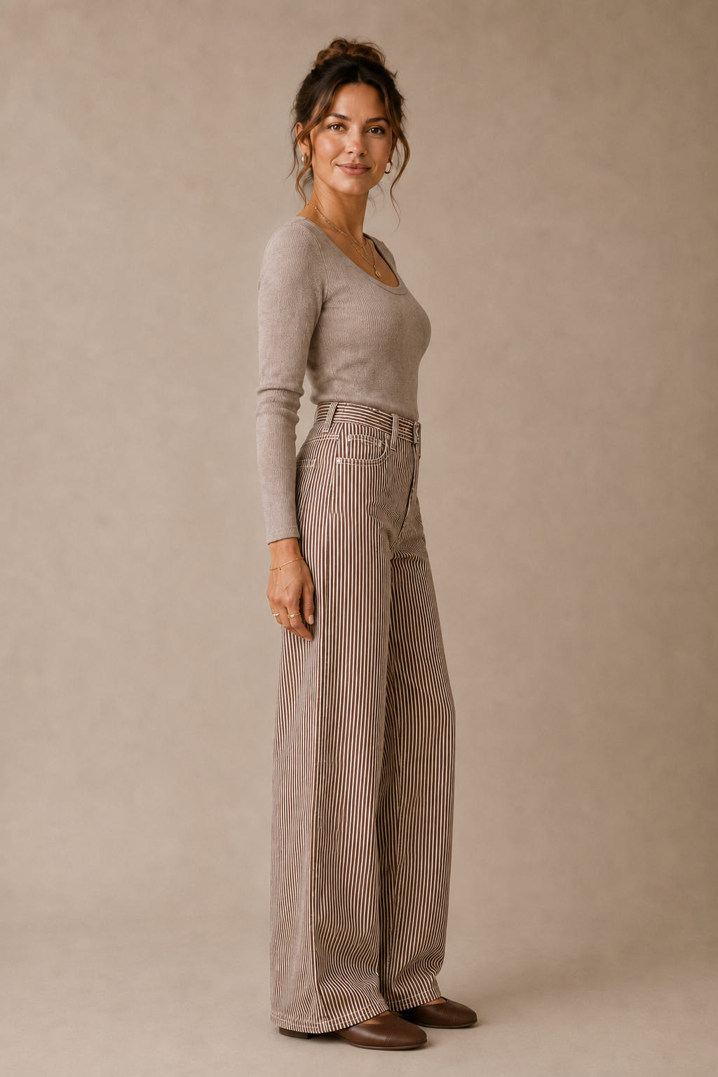 Spice Brown Stripe Relaxed Wide Leg