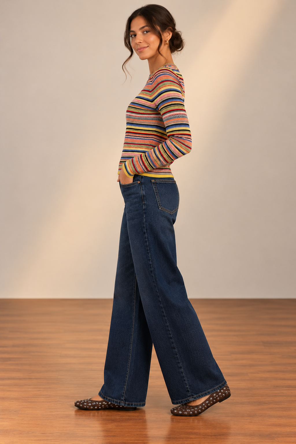 Multi Stripe Madison Long Sleeve Crew Neck Sweater Top