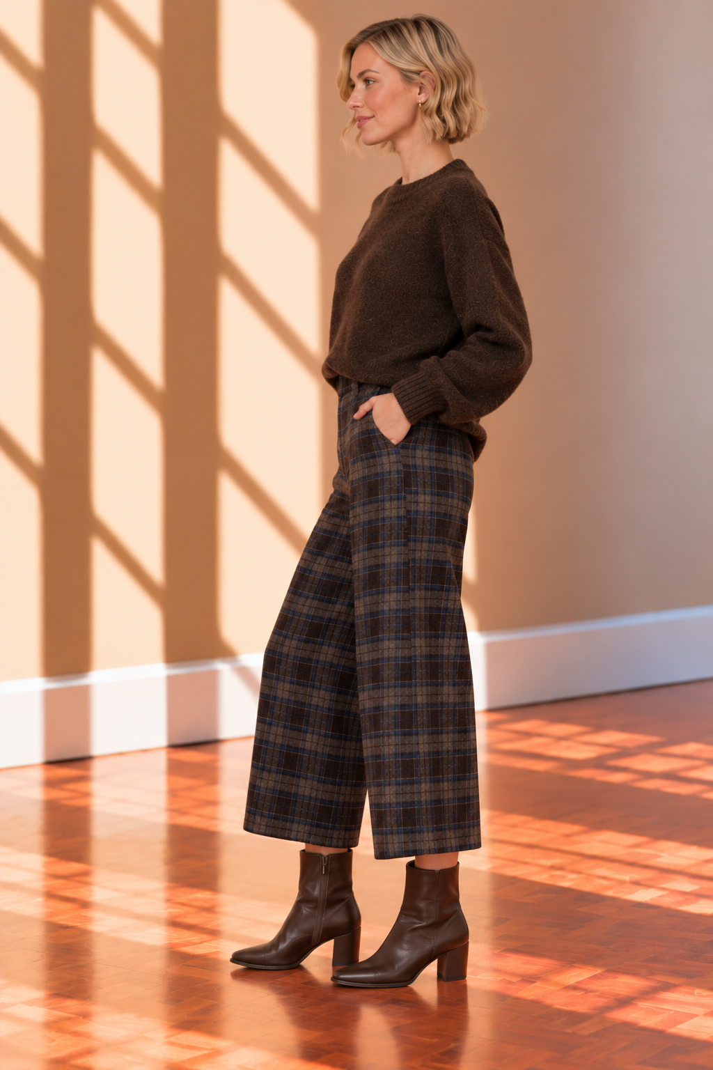Blue &amp; Brown Leena Plaid Wide Lag Pants