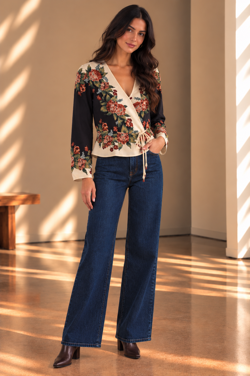 Winter Floral Cream Long Sleeve Blouse