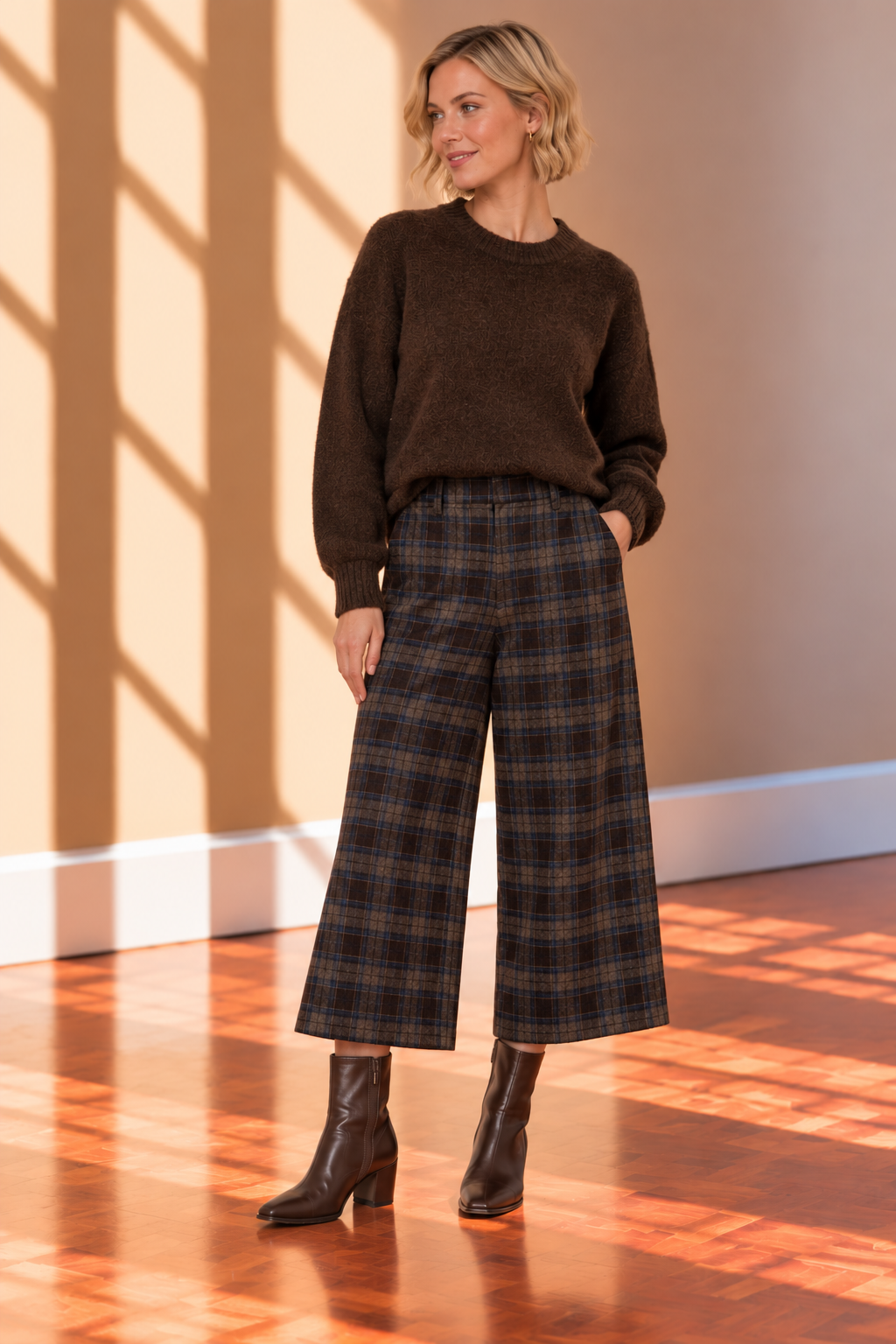 Blue &amp; Brown Leena Plaid Wide Lag Pants