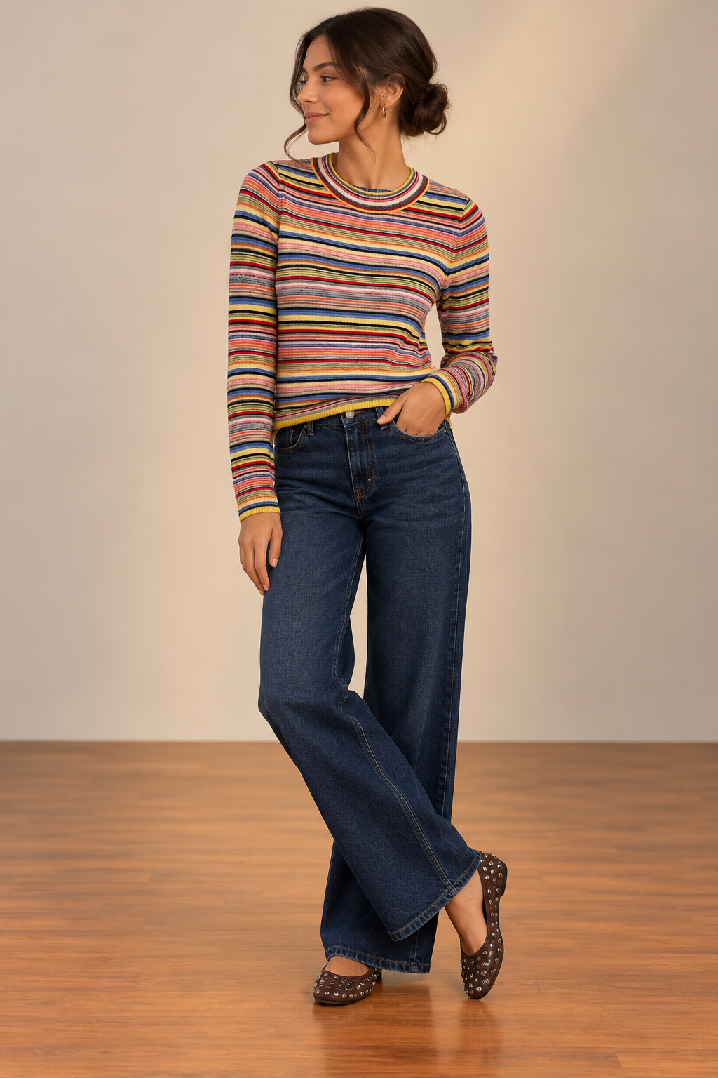Multi Stripe Madison Long Sleeve Crew Neck Sweater Top
