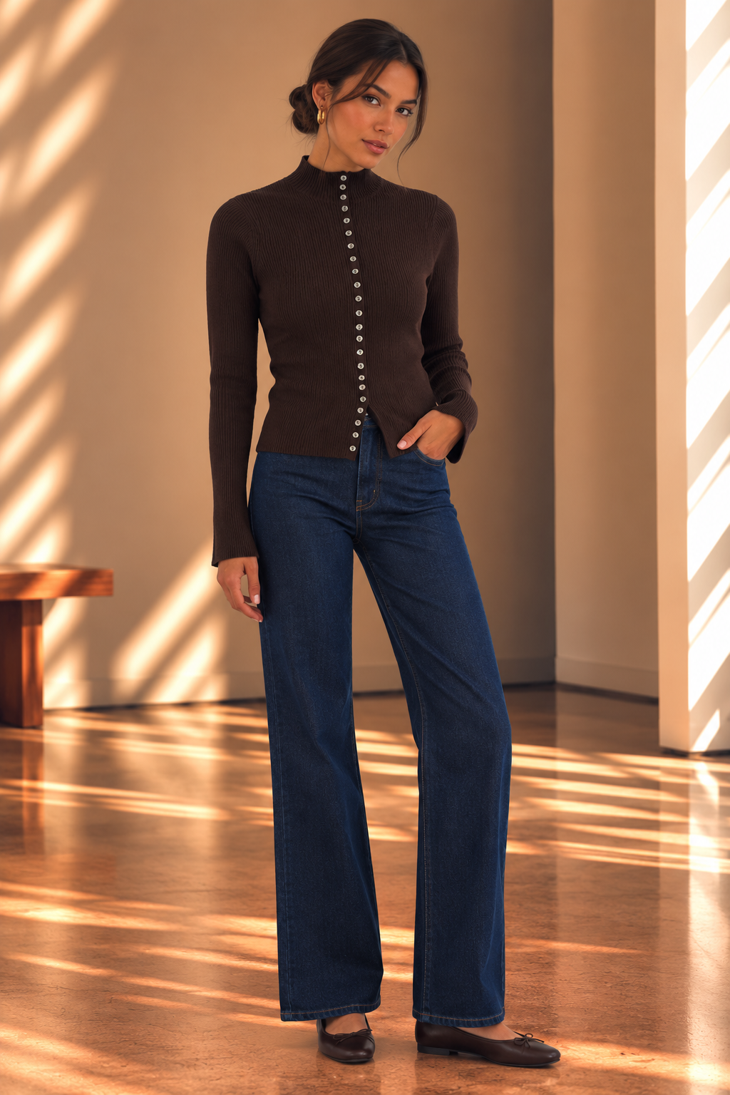 Espresso High Neck Ribbed Cardigan