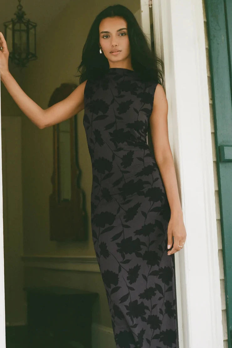 Black Tatum Shadow Floral Midi Dress