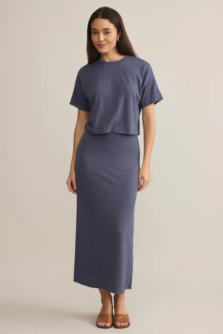 Worn Blue Delavine Textured Midi  Skirt