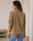 Dark Olive High Neck Pleated Twill Woven Jacket