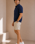Navy Blue Stripe Terry Cotton Hudson Sweater Polo