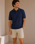 Navy Blue Stripe Terry Cotton Hudson Sweater Polo