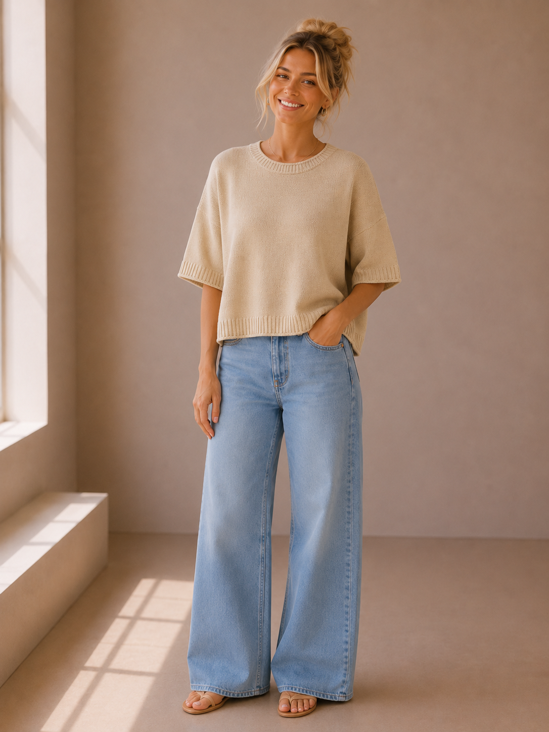 Oatmeal Raw Edge Sweater Knit Top