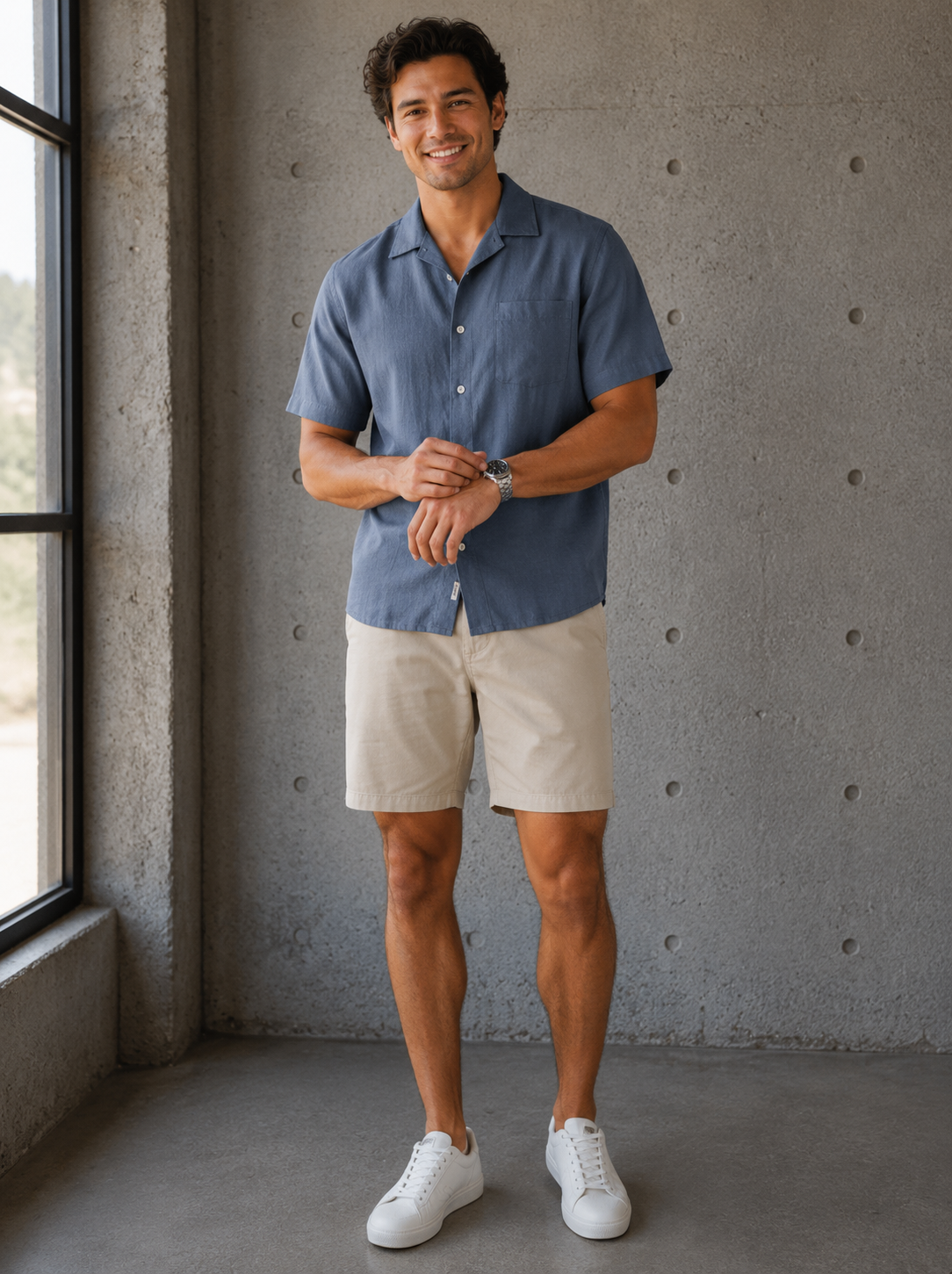 Khaki Linen Texture Aim Short 8"