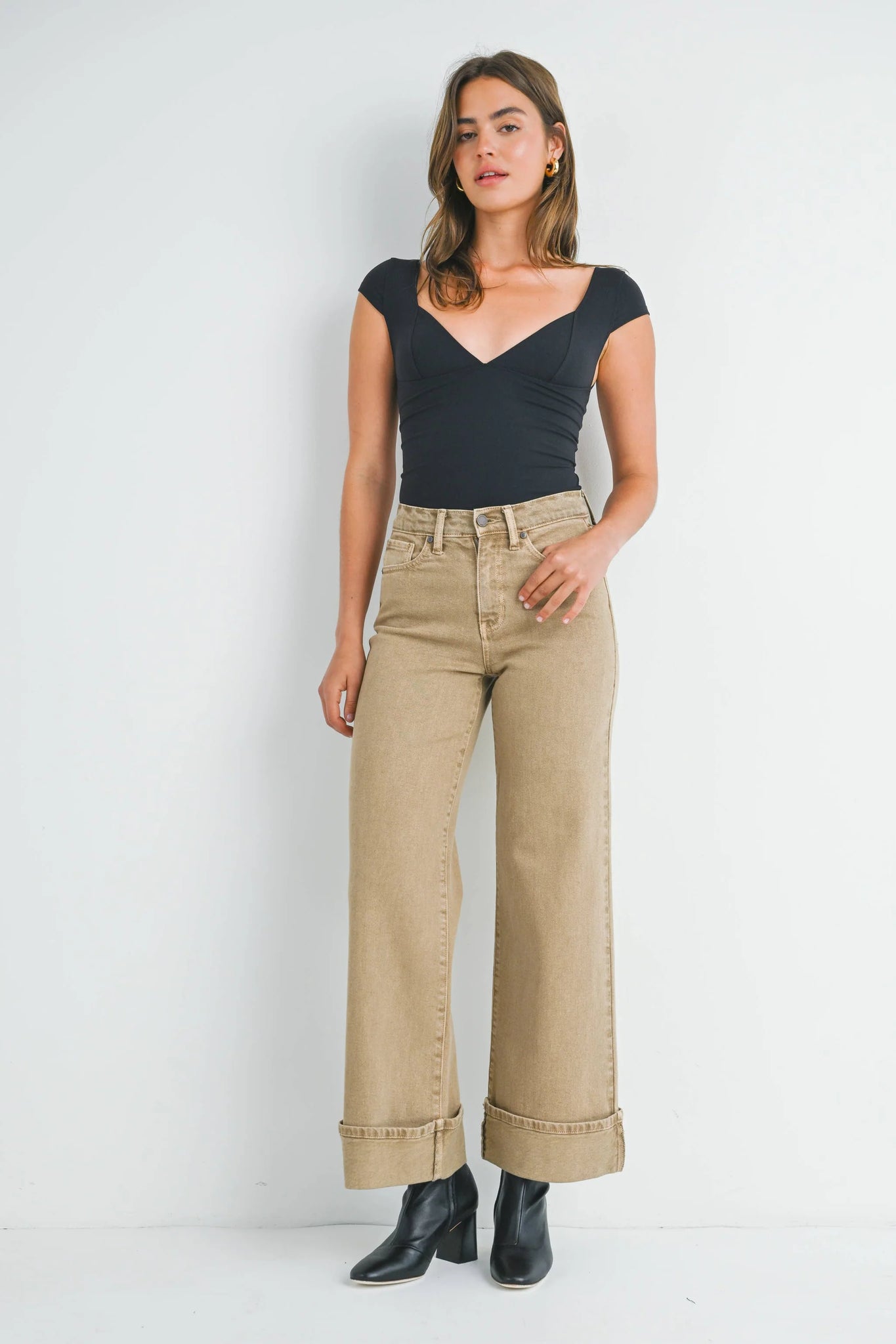 Dark Khaki Cuffed Palazzo Jean