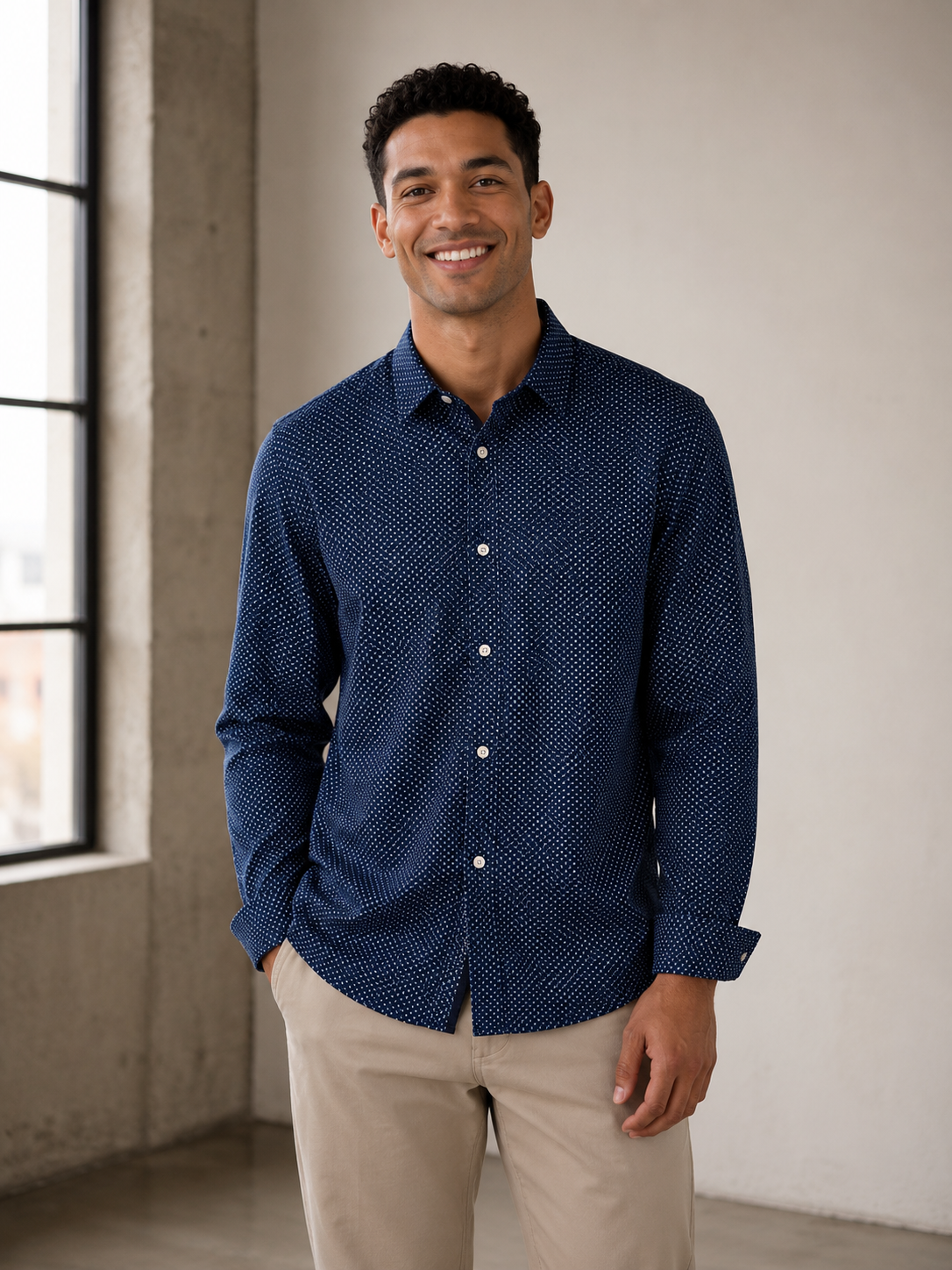 Midnight Navy Crest Dot Leeward LS Dress Shirt
