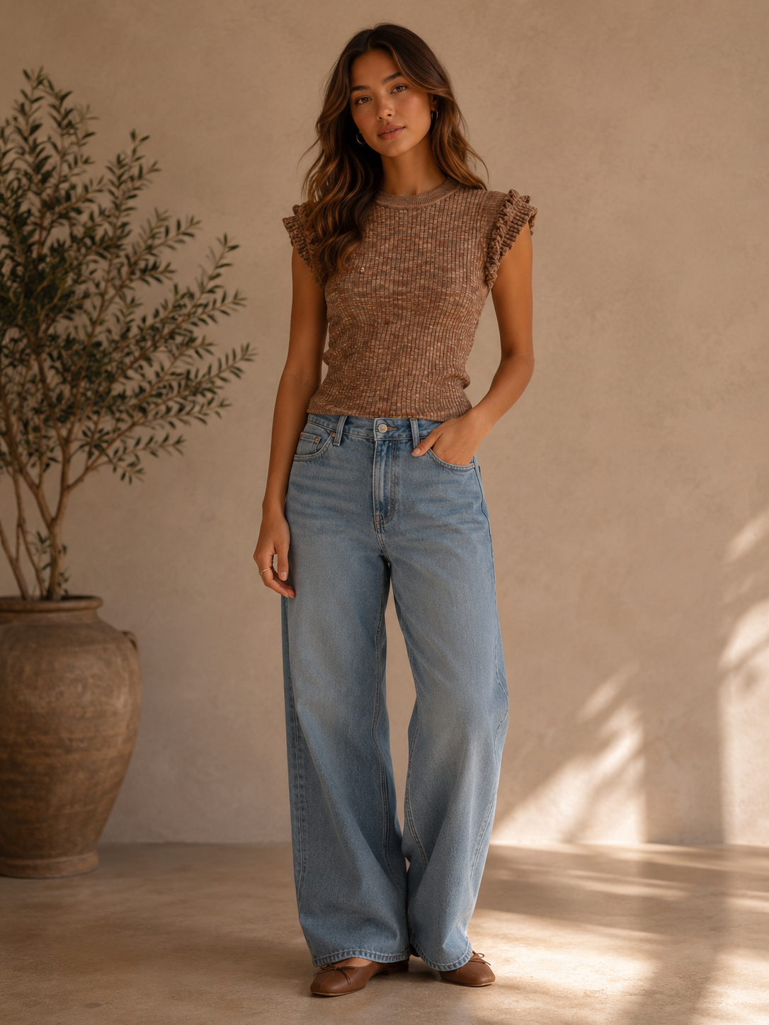 Brown Rowe Crewneck Flutter Sleeve Knit Top