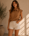 Camel Eloise Wrap Front Extended Shoulder Poplin Top