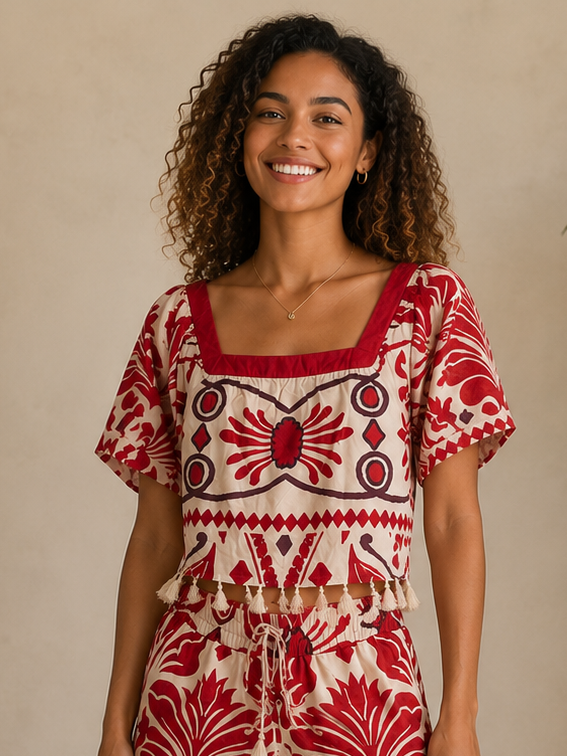 Ivory &amp; Red Tropical Fringe Top