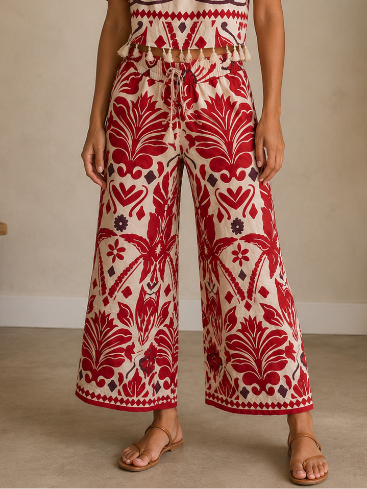 Ivory &amp; Red Tropical Wide Leg Pants
