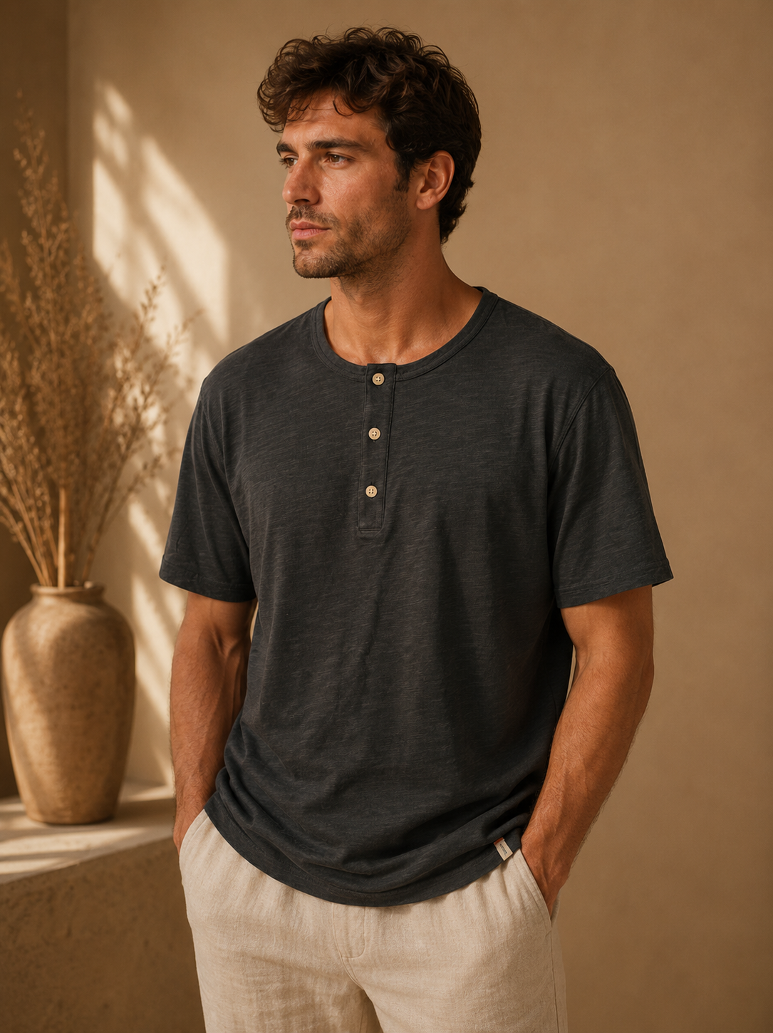 Black Vintage Slub Henley