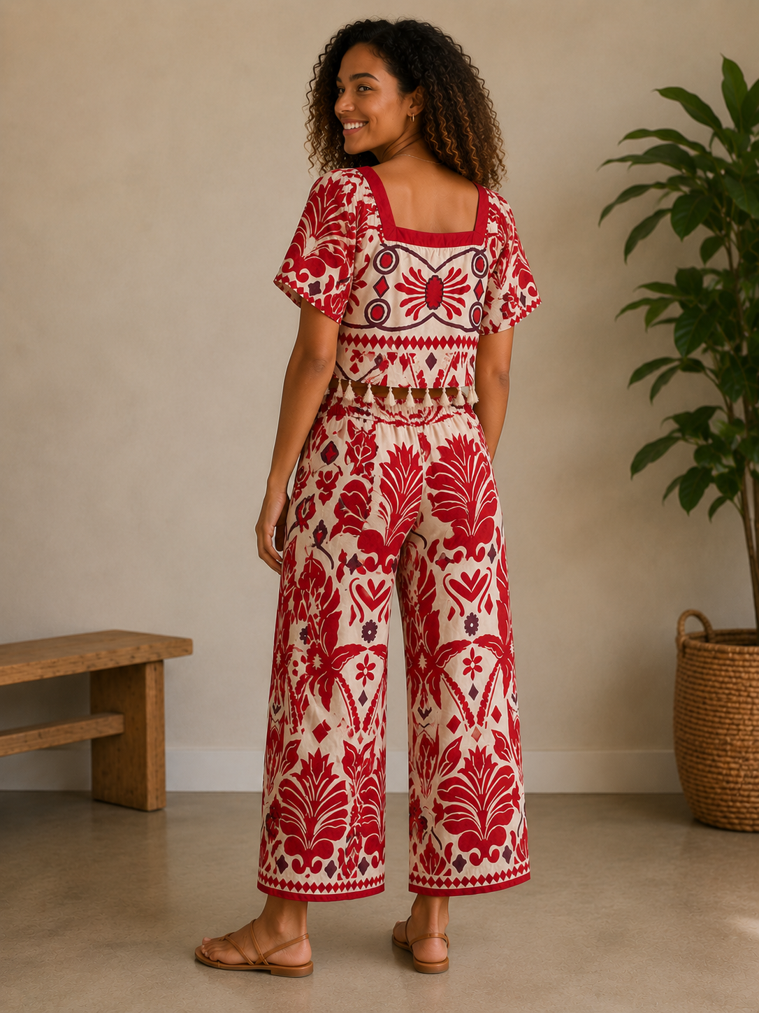 Ivory &amp; Red Tropical Wide Leg Pants