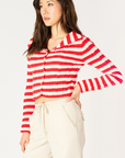 Scarlet Cream Stripe Long Sleeve Button Up Knit Sweater