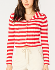 Scarlet Cream Stripe Long Sleeve Button Up Knit Sweater