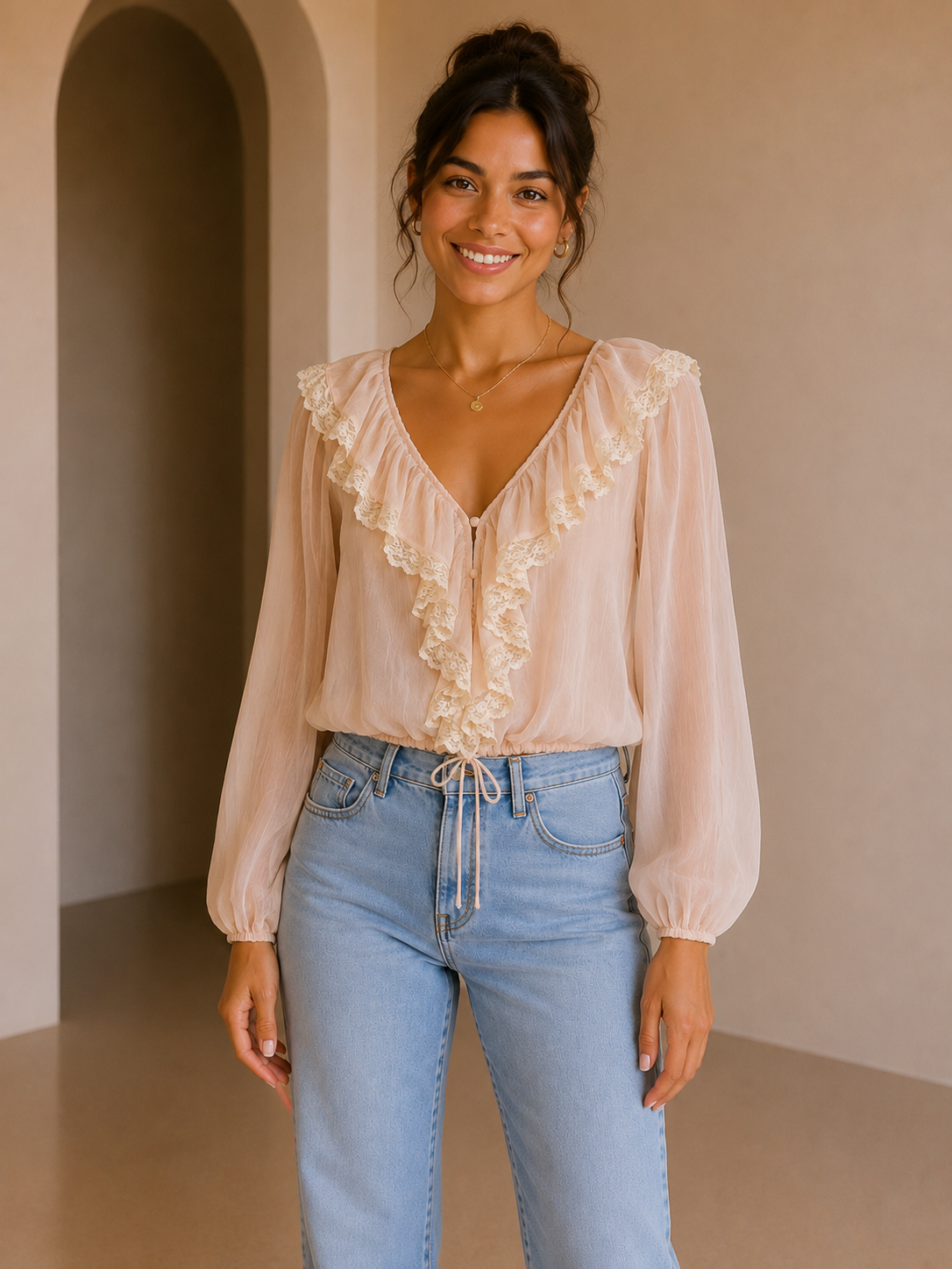Soft Blush Meringue Ruffle Woven Top