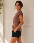 Burgundy Plaid Button Down Puff Contoured Waist Top