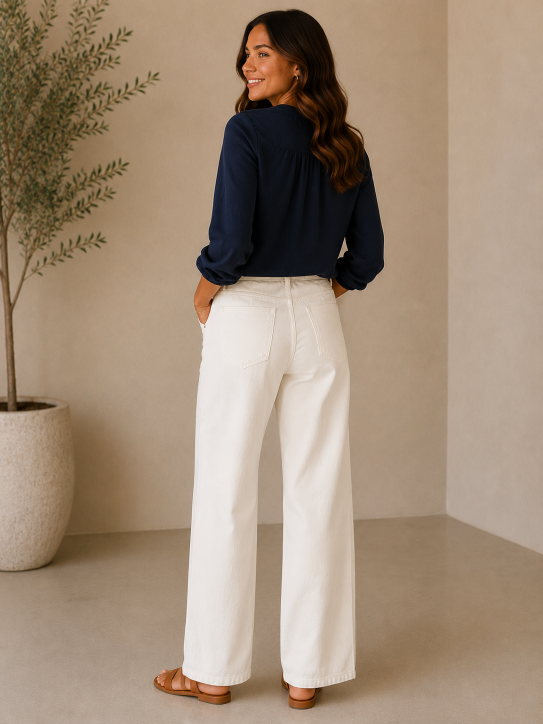 Off White Lightweight Drawstring Wide Leg