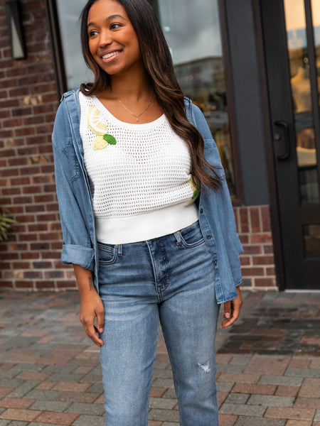 White & Lemon Crochet Knit Tank