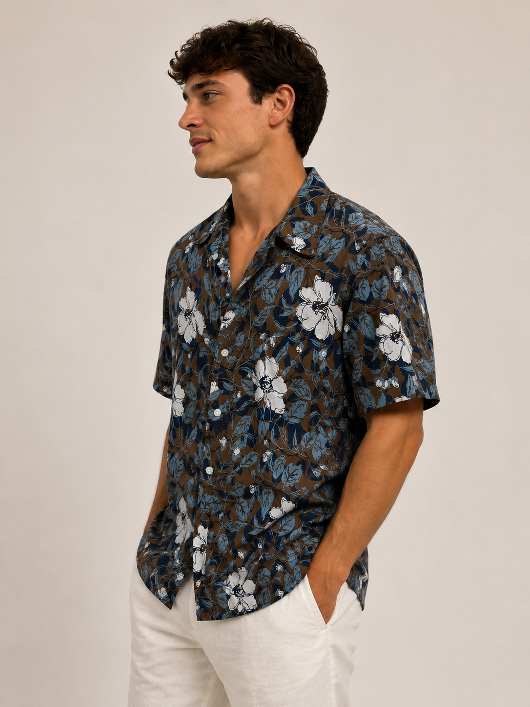 Brown Linen Floral Montauk Short Sleeve Shirt