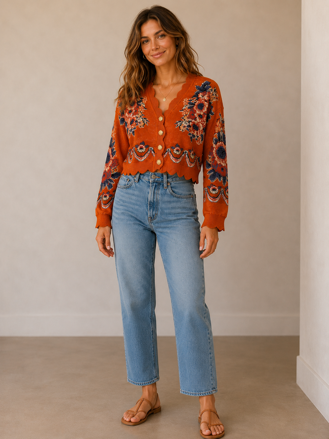Victorian Floral Terracotta Knit Cardigan