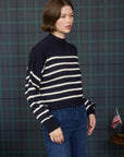 Navy Stripe Mock Neck Drop Shoulder Knit Sweater