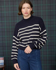 Navy Stripe Mock Neck Drop Shoulder Knit Sweater