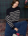 Navy Stripe Mock Neck Drop Shoulder Knit Sweater