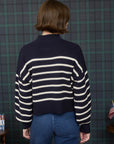 Navy Stripe Mock Neck Drop Shoulder Knit Sweater